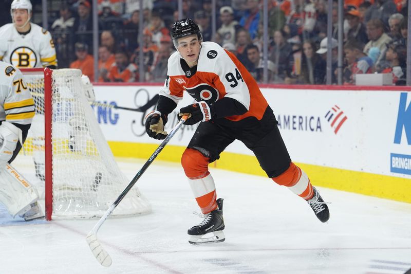 Apr 5, 2026; Philadelphia, Pennsylvania, USA; Philadelphia Flyers right wing Porter Martone (94) in action against the Boston Bruins in the third period at Xfinity Mobile Arena. Mandatory Credit: Kyle Ross-Imagn Images