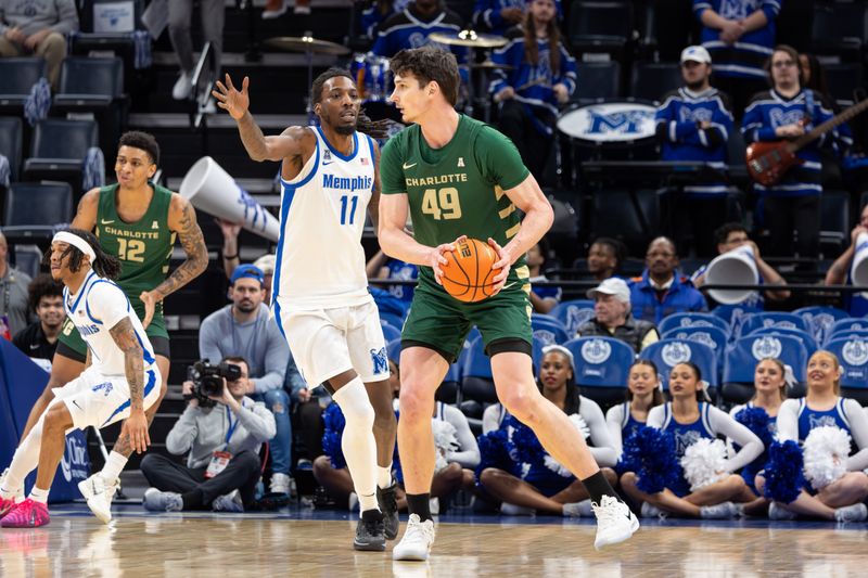 Feb 8, 2026; Memphis, Tennessee, USA; Charlotte 49ers center Anton Bonke (49) handles the ball against Memphis Tigers forward Aaron Bradshaw (11) during the first half at FedExForum. Mandatory Credit: Wesley Hale-Imagn Images