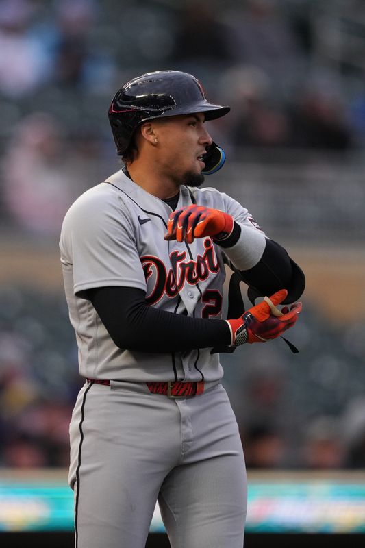 Apr 7, 2026; Minneapolis, Minnesota, USA; Detroit Tigers shortstop Javier Báez (28) looks on after being hit by a pitch during the second inning against the Minnesota Twins at Target Field. Mandatory Credit: Jordan Johnson-Imagn Images