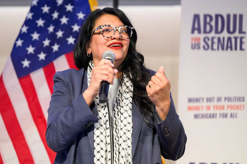 U.S. Rep. Rashida Tlaib speaks during a campaign event for Abdul El-Sayed, who is running for U.S. Senate in Michigan, on Tuesday, April 7, 2026 at the University of Michigan in Ann Arbor.