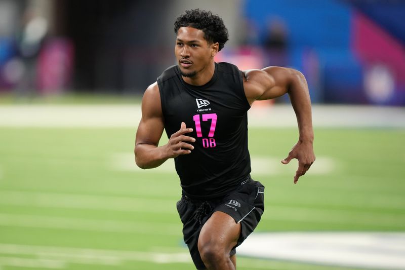 Feb 27, 2026; Indianapolis, IN, USA; San Diego State defensive back Chris Johnson (DB17) during the NFL Scouting Combine at Lucas Oil Stadium. Mandatory Credit: Kirby Lee-Imagn Images