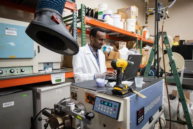 Michigan State University School of Packaging Ph.D. student Haile Duguma works in the packaging laboratory on April 22, 2025 in East Lansing.