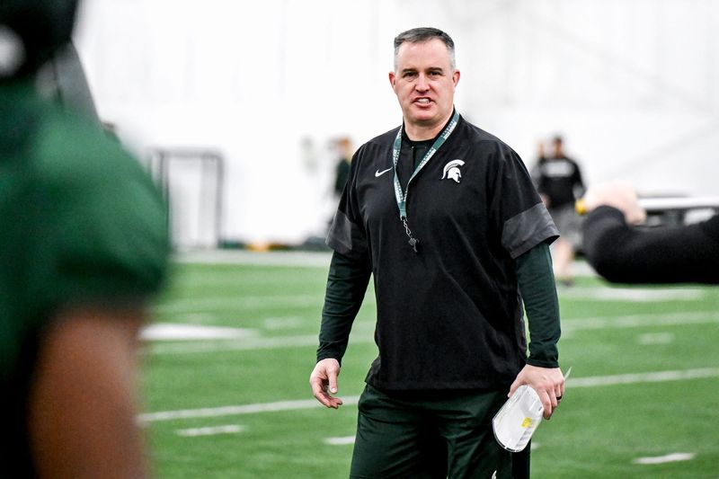 Michigan State football coach Pat Fitzgerald instructs players during spring football practice on March 24, 2026, in East Lansing.