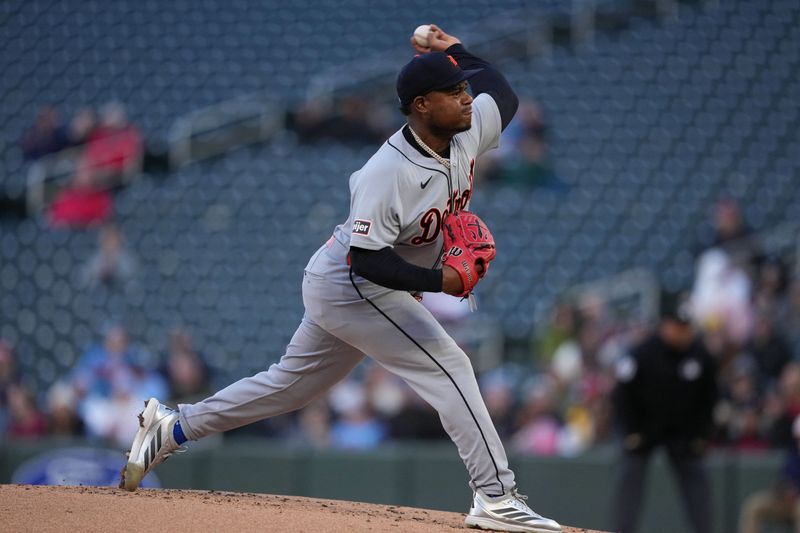 Apr 8, 2026; Minneapolis, Minnesota, USA; Detroit Tigers pitcher Framber Valdez (59) pitches during the first inning against the Minnesota Twins at Target Field. Mandatory Credit: Jordan Johnson-Imagn Images