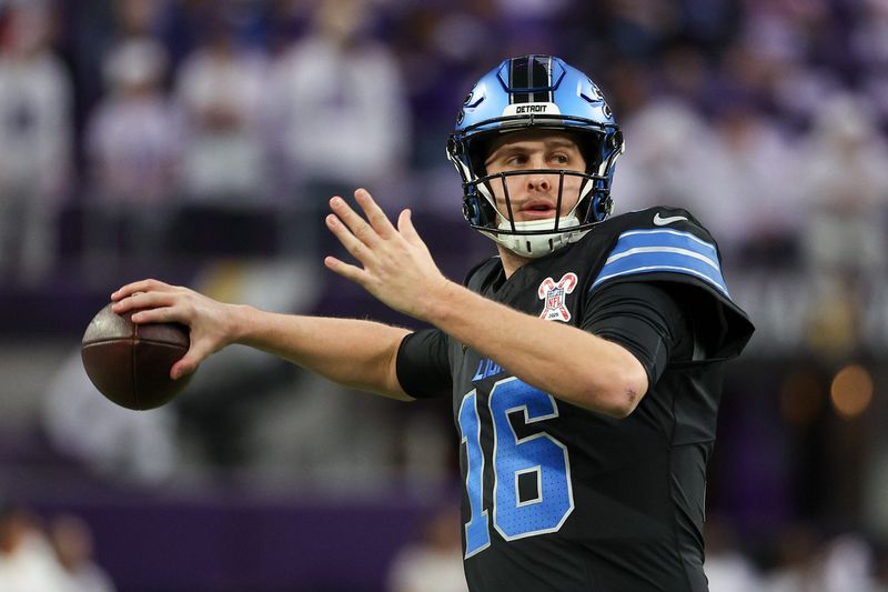 Dec 25, 2025; Minneapolis, Minnesota, USA; Detroit Lions quarterback Jared Goff (16) warms up before the game against the Minnesota Vikings at U.S. Bank Stadium. Mandatory Credit: Matt Krohn-Imagn Images