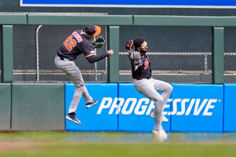 Detroit Tigers center fielder Parker Meadows collides with left fielder Riley Greene on a fly ball hit by Minnesota Twins designated hitter Josh Bell in the eighth inning at Target Field in Minneapolis on Thursday, April 9. Meadows left the game on a cart.