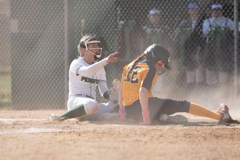 Pennfield's Alaina Simmons tags a runner during a game against Hillsdale at Pennfield High School on Wednesday, April 8, 2026.