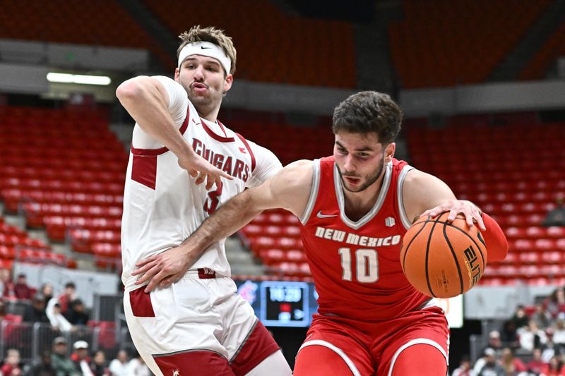 Oct 25, 2025; Pullman, WA, USA; New Mexico Lobos forward Tomislav Buljan (10) runs the lane against Washington State Cougars forward Simon Hildebrandt (3) in the first half at Friel Court at Beasley Coliseum. Mandatory Credit: James Snook-Imagn Images