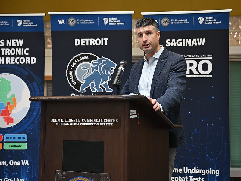 U.S. Rep. Tom Barrett speaks during a ceremony at the John D. Dingell VA Medical Center to launch the new Federal Electronic Healthcare Record system for veterans on Friday, April 10, 2026, in Detroit, Mich.