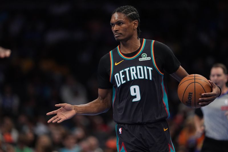 Detroit Pistons guard/forward Ausar Thompson (9) during first quarter against the Charlotte Hornets at Spectrum Center in Charlotte, North Carolina, on Friday, April 10, 2026.