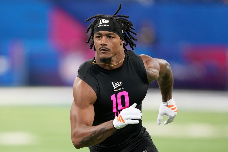 Feb 27, 2026; Indianapolis, IN, USA; Toledo defensive back Andre Fuller (DB10) during the NFL Scouting Combine at Lucas Oil Stadium. Mandatory Credit: Kirby Lee-Imagn Images