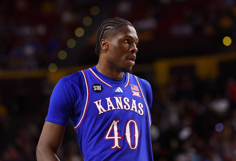 Mar 3, 2026; Tempe, Arizona, USA; Kansas Jayhawks forward Flory Bidunga (40) against the Arizona State Sun Devils at Desert Financial Arena. Mandatory Credit: Mark J. Rebilas-Imagn Images