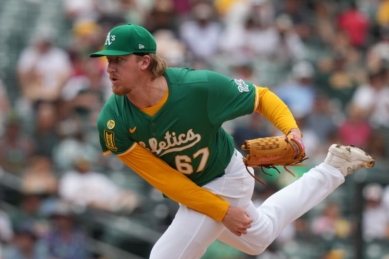 Athletics pitcher Grant Holman (67) throws a pitch against the Baltimore Orioles during the eighth inning at Sutter Health Park in West Sacramento, California, on June 8, 2025.