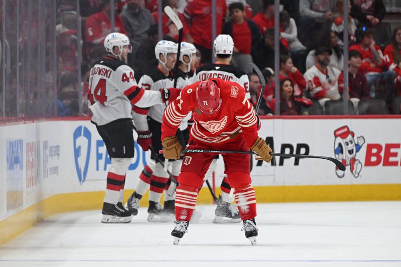 Detroit Captain Dylan Larkin reacts after New Jersey's Jesper Bratt scored the game winning goal in the 3rd period.