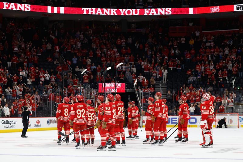 Detroit Red Wings salute their fans after the game against the New Jersey Devils at Little Caesars Arena in Detroit on April 11, 2026.
