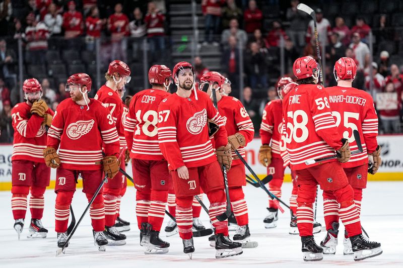 Detroit Red Wings players thanks fans after 5-3 loss to New Jersey Devils at Little Caesars Arena in Detroit on Saturday, April 11, 2026.