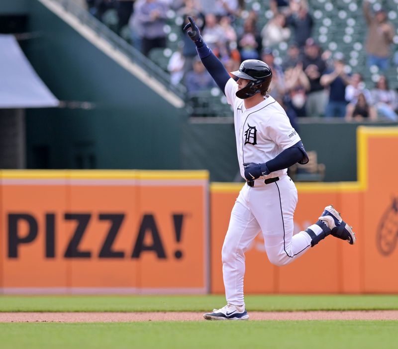 Tigers’ Dillon Dingler rounds the bases on his three-run home run in the first inning as the Detroit Tigers take on the Miami Marlins at Comerica Park on April 12, 2026 in Detroit.