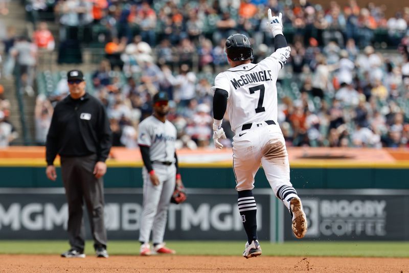 Detroit Tigers shortstop Kevin McGonigle (7) celebrates after he hits a home run in the fifth inning against the Miami Marlins at Comerica Park in Detroit on Sunday, April 12, 2026.