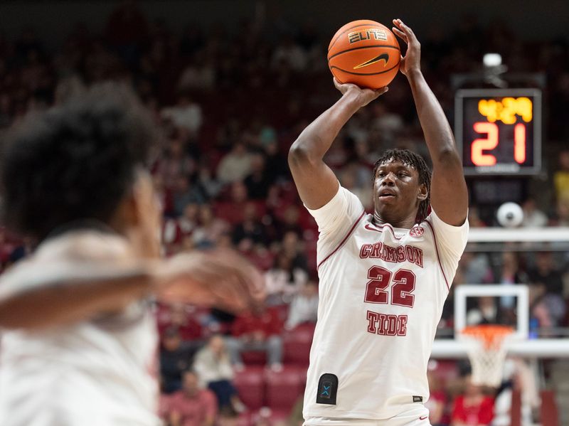 Feb 14, 2026; Tuscaloosa, AL, USA; Alabama forward Aiden Sherrell (22) shoots a three point shot against South Carolina at Coleman Coliseum. Mandatory Credit: Gary Cosby Jr.-Tuscaloosa News