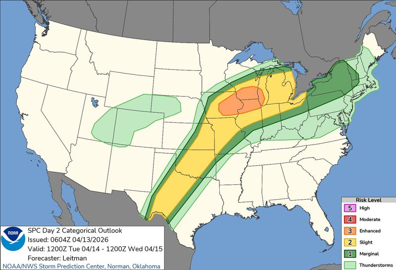 Storm outlook from the U.S. from Tuesday through Wednesday, April 14-15.