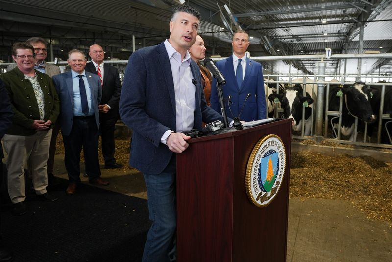 U.S. Rep. Tom Barrett, R-Potterville, speaks Monday, April 13, 2026, during a press conference at the MSU Dairy Cattle Teaching & Research Center.
