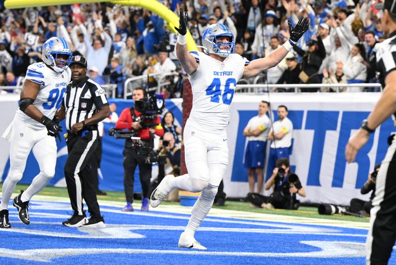 Dec 4, 2025; Detroit, Michigan, USA; Detroit Lions linebacker Jack Campbell (46) celebrates after a sack against the Dallas Cowboys during the first half at Ford Field. Mandatory Credit: Lon Horwedel-Imagn Images
