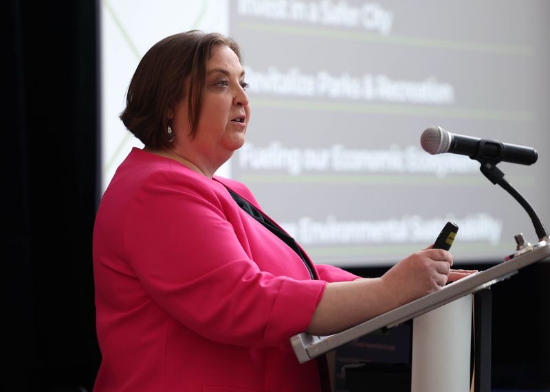 Warren Mayor Lori Stone delivers her annual budget presentation at the City Hall Atrium, Monday, April 13, 2026 in Warren, Mich.