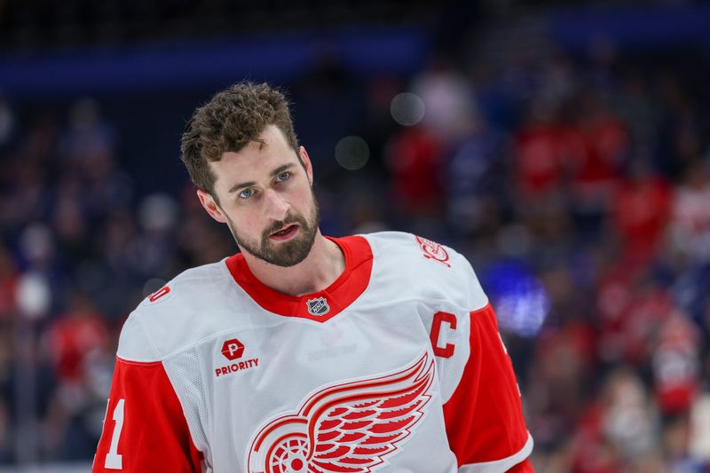 Detroit Red Wings center Dylan Larkin (71) warms up before a game against the Tampa Bay Lightning at Benchmark International Arena in Tampa, Florida, on Monday, April 13, 2026.