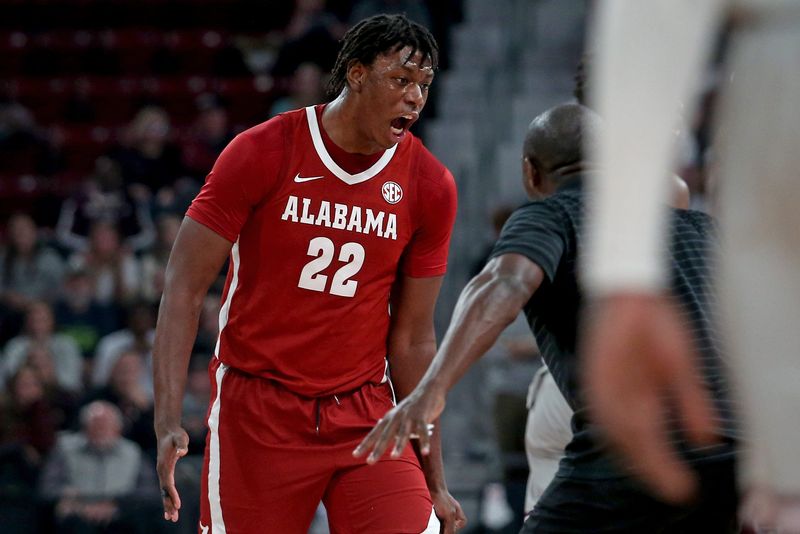 Jan 13, 2026; Starkville, Mississippi, USA; Alabama Crimson Tide forward Aiden Sherrell (22) reacts with an assistant coach during a timeout during the second half against the Mississippi State Bulldogs at Humphrey Coliseum. Mandatory Credit: Petre Thomas-Imagn Images