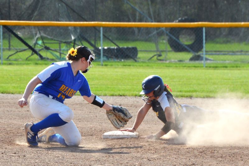 Olivia Tilley steals second base for Airport as Emily Grube of Jefferson covers the base during a 15-0 victory on Monday, April 13, 2026.