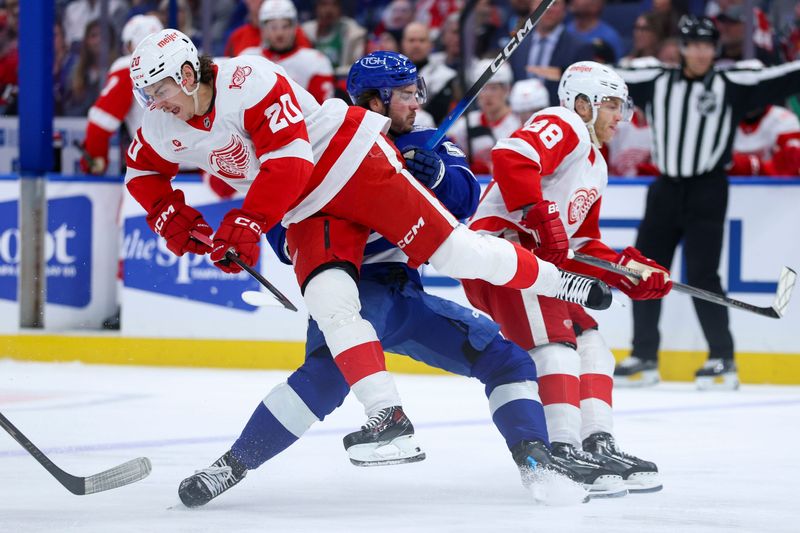 Tampa Bay Lightning defenseman Charle-Edouard D'Astous (51) collides with Detroit Red Wings defenseman Albert Johansson (20) in the third period at Benchmark International Arena in Tampa, Florida, on Monday, April 13, 2026.
