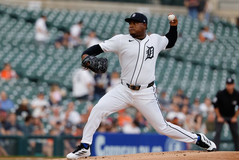 Detroit Tigers pitcher Framber Valdez (59) pitches in the first inning against the Kansas City Royals at Comerica Park in Detroit on Tuesday, April 14, 2026.