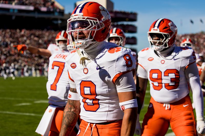 Clemson Tigers cornerback Avieon Terrell (8) celebrates a play against South Carolina in the first quarter at Williams-Brice Stadium.