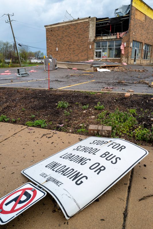 An overnight storm caused damage to a Subway restaurant and surrounding neighborhood Wed., April 15, 2026, at Dix Hwy and Outer Drive in Melvindale.