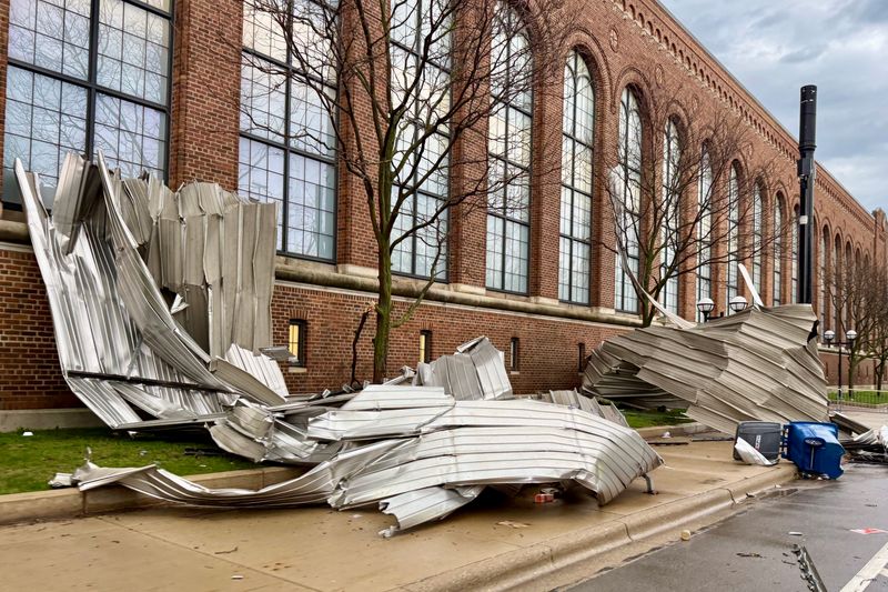 Wind damage is seen outside Yost Ice Arena in Ann Arbor, Michigan on Wednesday, April 15, 2026, after severe storms with strong winds hit the area the previous night.