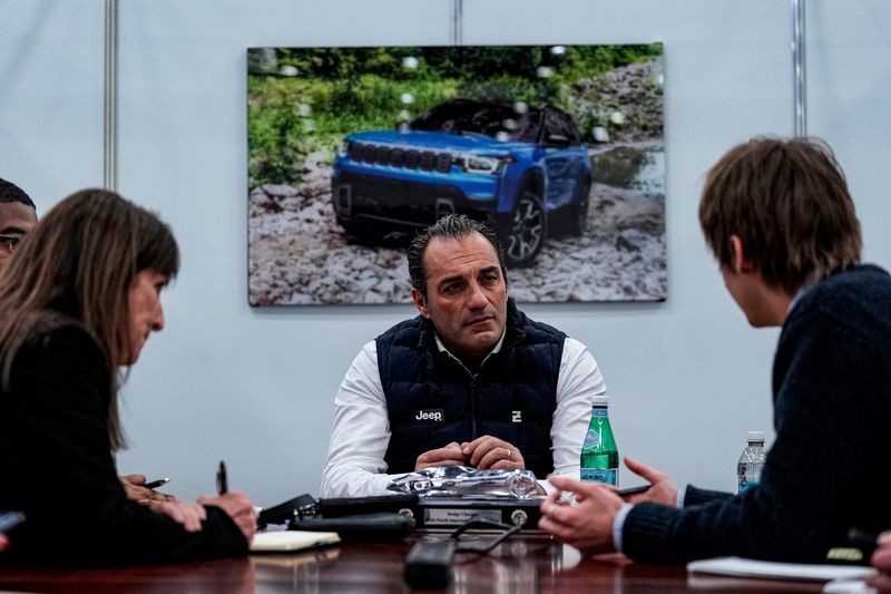 CEO of Stellantis Antonio Filosa speaks to media members during the 2026 Detroit Auto Show held at Huntington Place in downtown Detroit on Wed., Jan. 14, 2026.