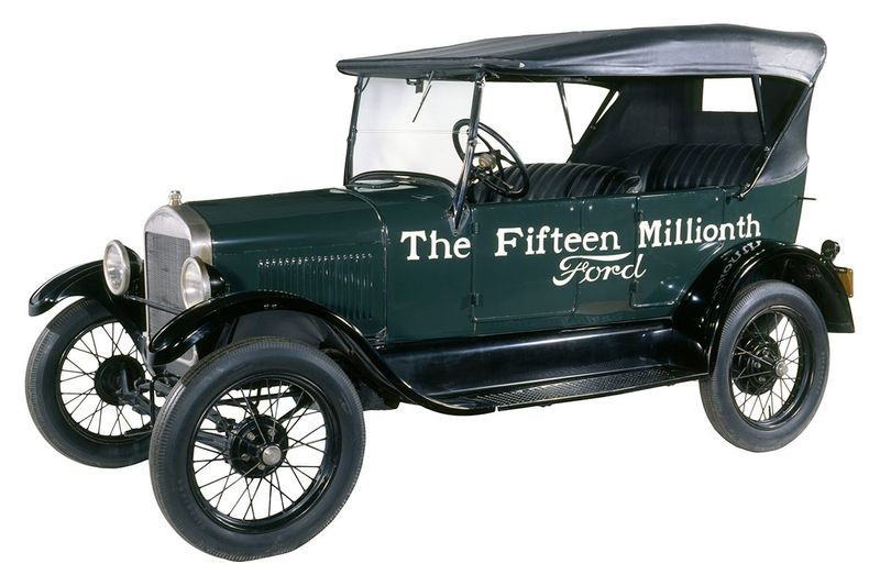 Henry and Edsel Ford drove the ceremonial 15 millionth Model T, a 1927 Touring Car, off the assembly line in Highland Park, Michigan, May 26, 1927.