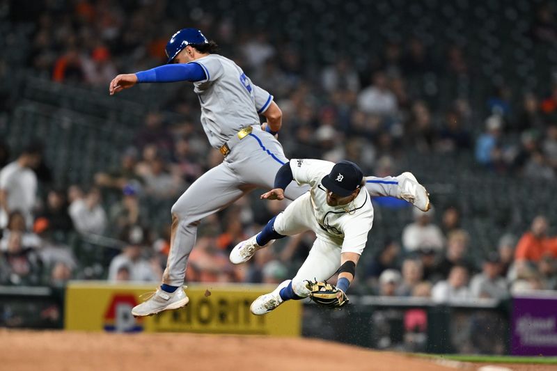 Kansas City Royals right fielder Jac Caglianone is out on a play against Detroit Tigers third baseman Zach McKinstry in the seventh inning at Comerica Park in Detroit on Wednesday, April 15, 2026.