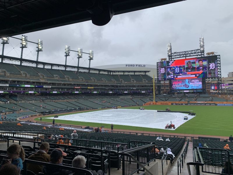 The tarp on the field at Comerica Park on Thursday, April 16, 2026.