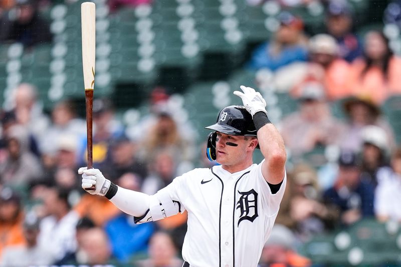 Detroit Tigers third baseman Kevin McGonigle (7) gets ready to bat against Kansas City Royals during the first inning at Comerica Park in Detroit on Thursday, April 16, 2026.