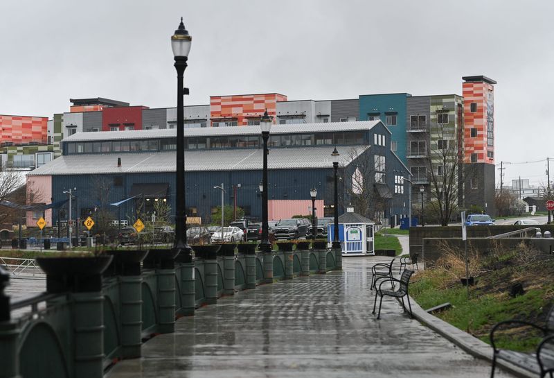 Lansing Shuffle in the Riverfront District of downtown Lansing, viewed from the Lansing River Trail, Thursday, April 16, 2026.