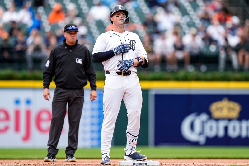Detroit Tigers first baseman Spencer Torkelson (20) celebrates batting a double against Kansas City Royals during the second inning at Comerica Park in Detroit on Thursday, April 16, 2026.