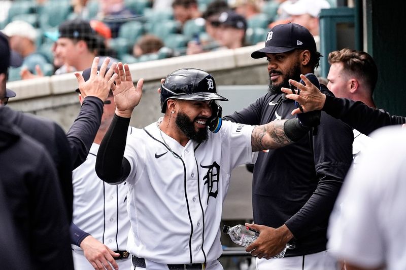 Detroit Tigers second baseman Gleyber Torres (25) celebrates scoring a run against Kansas City Royals during the fifth inning at Comerica Park in Detroit on Thursday, April 16, 2026.