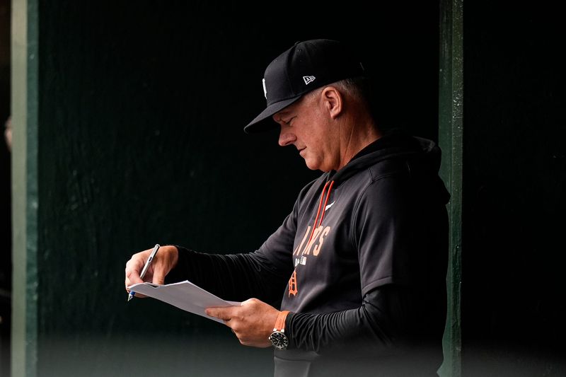 Detroit Tigers manager A.J. Hinch (14) looks on during the seventh inning against Kansas City Royals at Comerica Park in Detroit on Thursday, April 16, 2026.
