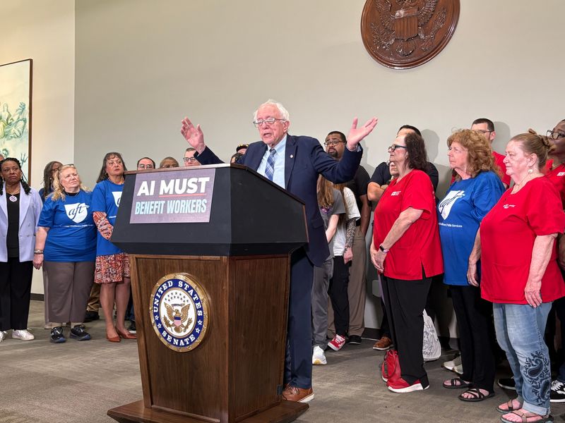 U.S. Sen. Bernie Sanders, I-Vt., speaks in front of union members about the economic impacts of artificial intelligence in Washington, D.C., on Thursday, April 16, 2026.