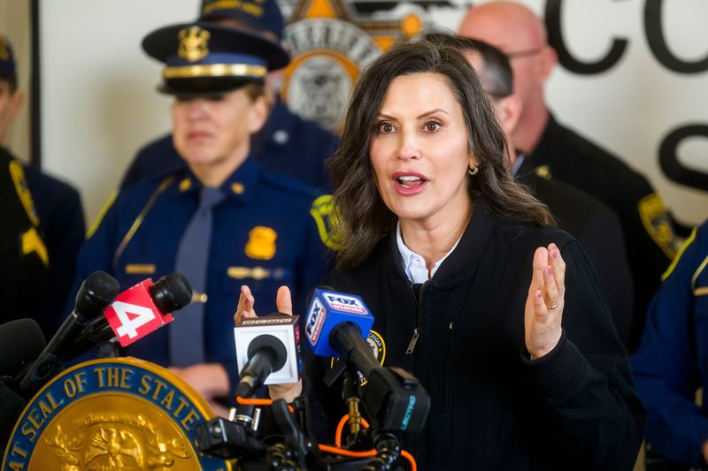Governor Gretchen Whitmer speaks during a press conference about concerns over extremely high water levels at the Cheboygan dam on Thursday, April 16, 2026 in Cheboygan, Mich.