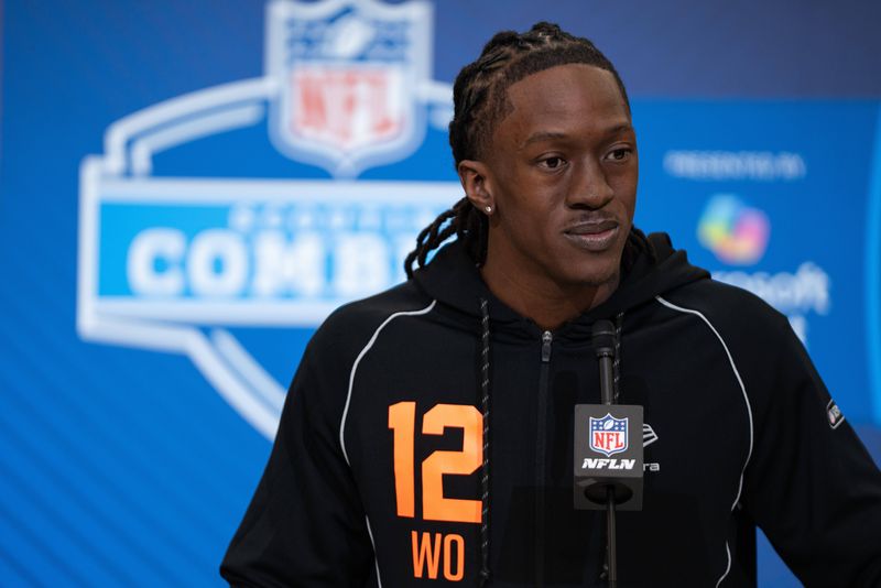 Feb 27, 2026; Indianapolis, IN, USA; Oklahoma wideout Deion Burks (WO12) speaks to members of the media during the NFL Combine at the Indiana Convention Center. Mandatory Credit: Jacob Musselman-Imagn Images