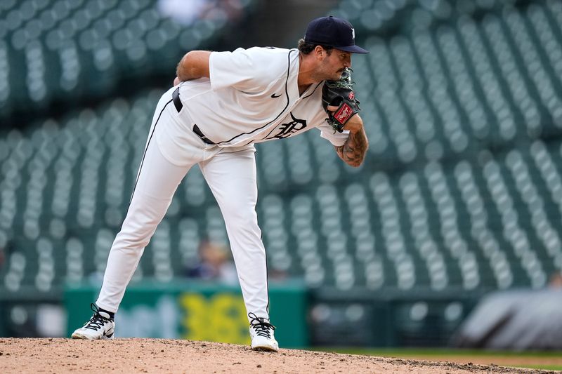 Detroit Tigers pitcher Connor Seabold (43) gets ready to pitch against Kansas City Royals during the ninth inning at Comerica Park in Detroit on Thursday, April 16, 2026.