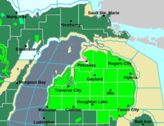 22 counties in northern Lower Michigan (seen in bright green) are under a flood warning through Saturday night. Much of the rest of the state is under a flood watch (dark green).