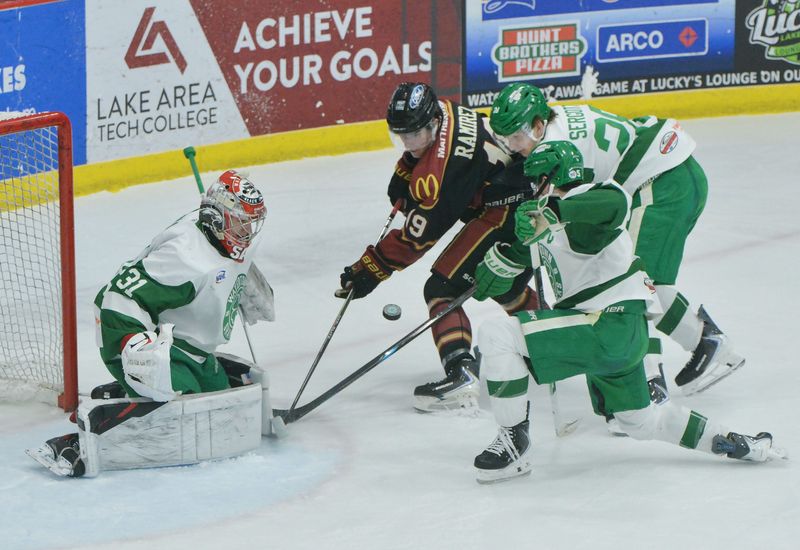 Watertown Shamrocks goalie JJ Salajko (31) and teammates Jordan Gudridge (5) and Sebastian Haborak try to stop Dane Ramirez of the Minot (ND) Minotauros from putting the puck in the net during their North American Hockey League game on Saturday, Jan. 31, 2026, in Watertown's Prairie Lakes Ice Arena. The Shamrocks won 4-2, completing a weekend sweep that included a 3-0 win on Jan. 30.